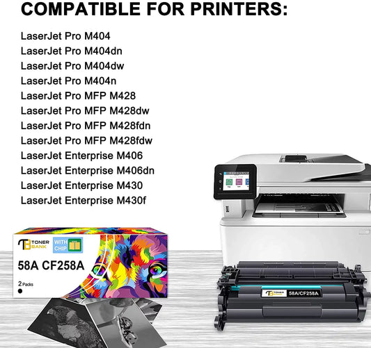 58A Toner Cartridge Replacement for HP 58A CF258A Toner Cartridge Compatible with Laserjet Pro M404n M404dn M404dw MFP M428fdw M428dw M428fdn M404 Printer Toner (2 Pack, with Chip)