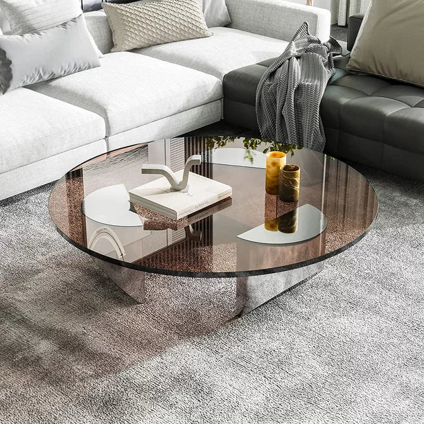 Furgle Tempered Glass Coffee Table, Round Modern Coffee Table for Living Room, Home, Office, Bronzed