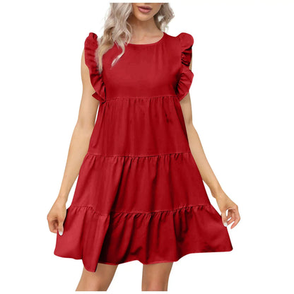 QWANG Women's Round Neck Casual Short Sleeve Ruffle-Trim Summer Mini Dresses