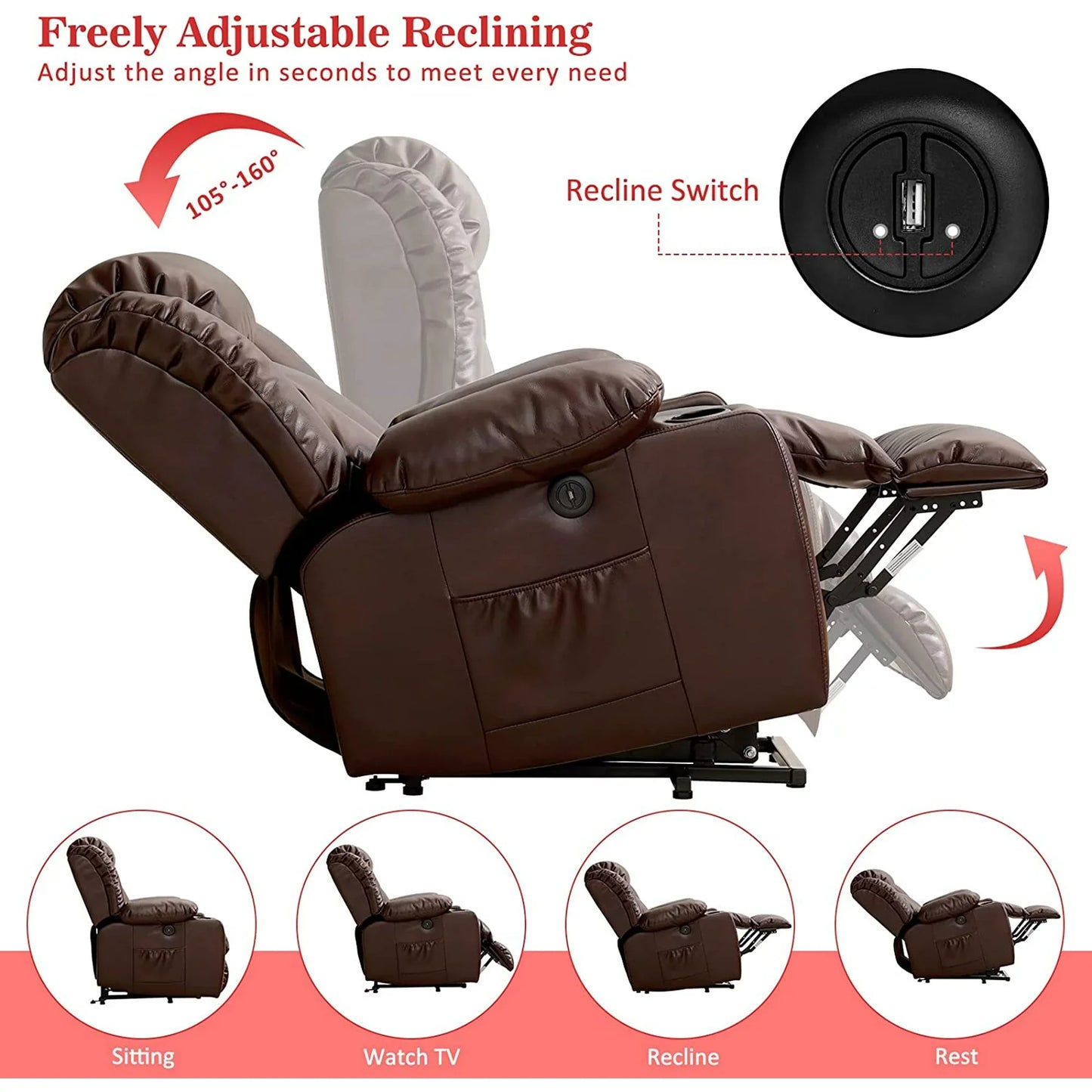 BALICHUN Large Power Lift Recliner Chair with Massage and Heat for Elderly, Overstuffed Wide Recliners, Breathable Leather with Breathable microporous, USB Ports, 2 Cup Holders (Brown)