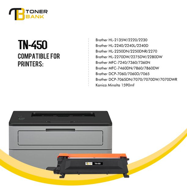 Toner Bank Compatible Toner Cartridge Replacement for Brother TN-450 TN 450 TN420 HL-2270DW HL-2280DW HL-2230 HL-2240 MFC-7860DW MFC-7360N DCP-7065DN Intellifax 2840 2940 High Yield (4 Pack, Black)