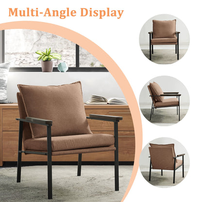 Balichun Accent Chair Mid-Century Modern Armchair with Wide Solid Wood armrests,Metal Frame and Foam Upholstery and Cotton Cushion,Linen Fabric (Coffee, Set of 1)