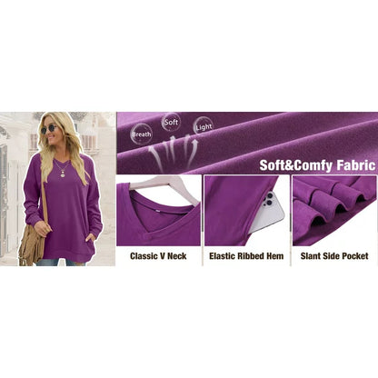 Fantaslook Sweatshirts for Women V Neck Casual Long Sleeve Tops Oversized Sweatshirt With Pockets