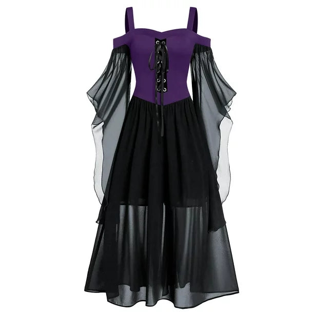 Apepal Women Plus Size Cold Shoulder Butterfly Sleeve Halloween Gothic Dress Black L