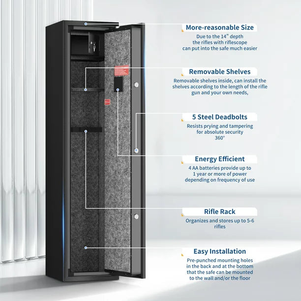 TTLIFE Biometric Gun Safe,Quick Access Fingerprint Long Gun Safe,6 Gun Metal Security Cabinet for Gun with Separate Gun Lock Box