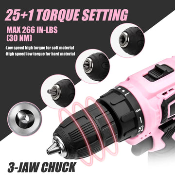IFANZE 12V Cordless Drill, 3/8'' Keyless Chuck 2 Variable Speeds Electric Power Drill with Battery and Charger, Pink