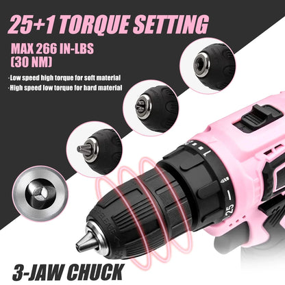 IFANZE 12V Cordless Drill, 3/8'' Keyless Chuck 2 Variable Speeds Electric Power Drill with Battery and Charger, Pink