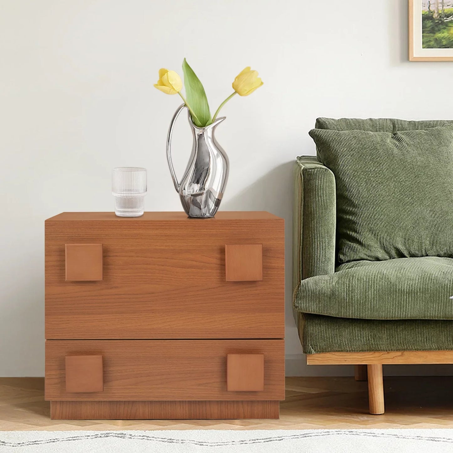 Furgle Bedside Table Storage Cabinet, Red Teak Wood Nightstand, DIY Night Table TV Bench for Living Room, BedRoom