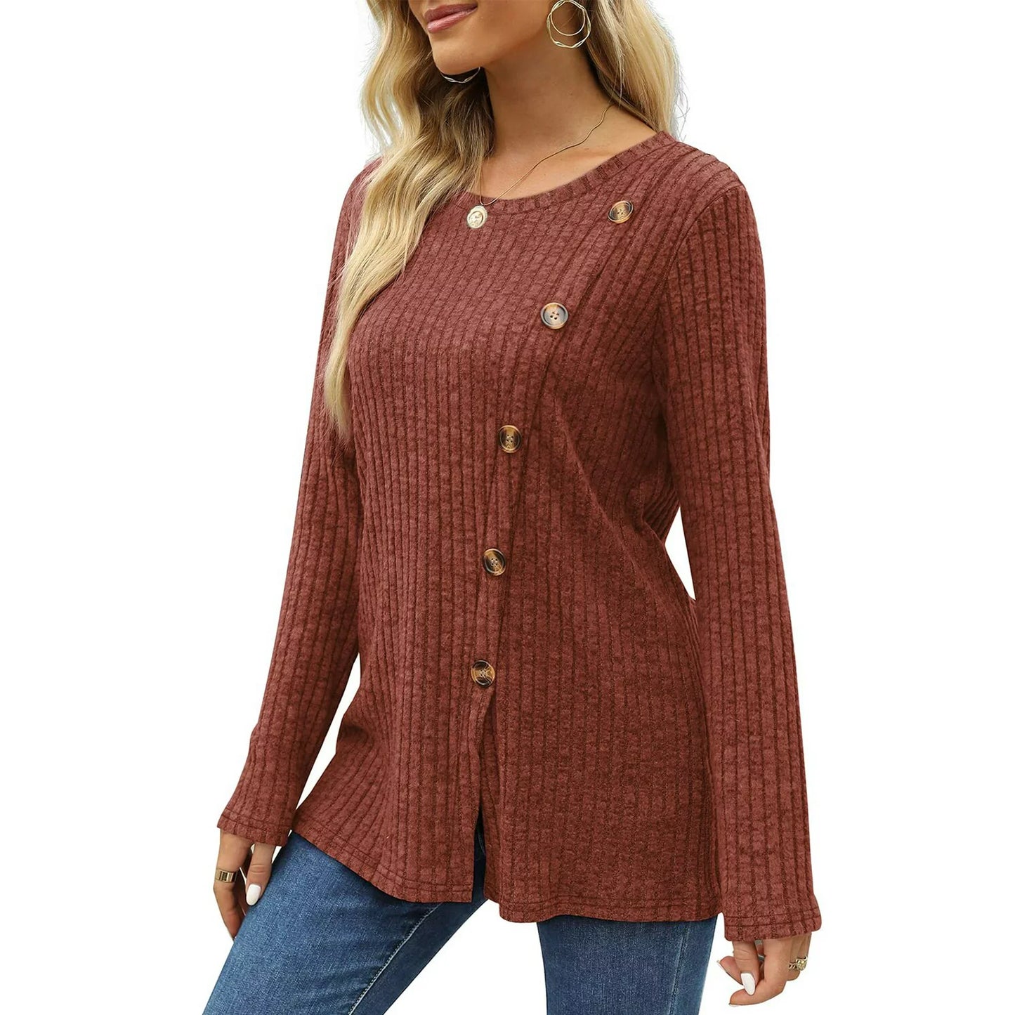 Fantaslook Blouses for Women Long Sleeve Crew Neck Tunic Tops Buttons Side Fall Shirts