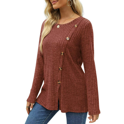Fantaslook Blouses for Women Long Sleeve Crew Neck Tunic Tops Buttons Side Fall Shirts