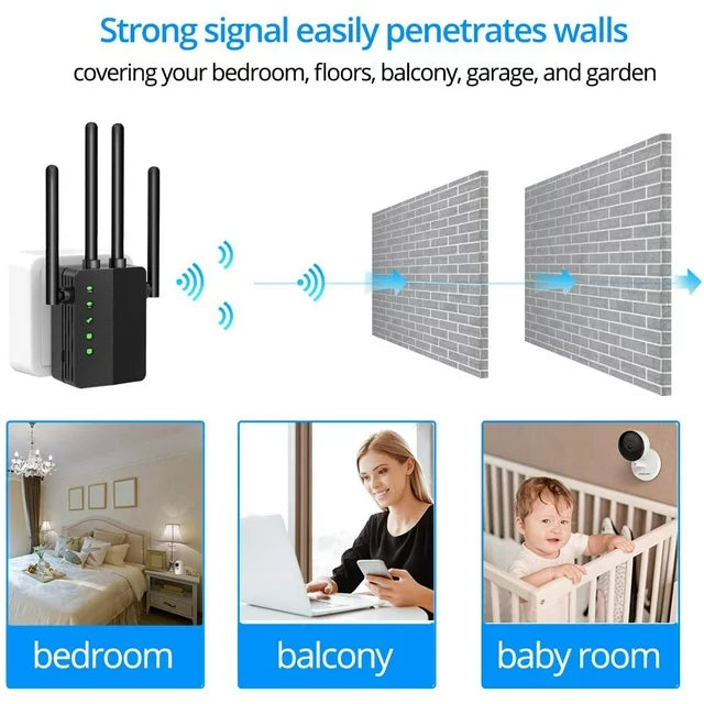 WiFi Range Extender, 1200Mbps Signal Booster Repeater Cover up to 2500 Sq.ft, 2.4 & 5GHz Dual Band WiFi Extender, 4 Antennas 360° Full Coverage Wireless Internet Amplifier for Smart Home Devices