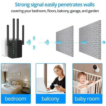 WiFi Range Extender, 1200Mbps Signal Booster Repeater Cover up to 2500 Sq.ft, 2.4 & 5GHz Dual Band WiFi Extender, 4 Antennas 360° Full Coverage Wireless Internet Amplifier for Smart Home Devices