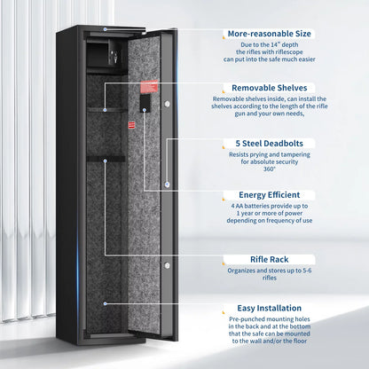 TTLIFE Biometric Gun Safe, Quick Access 5-Gun Large Metal Gun Security Cabinet with Built-in Lock Box,Removable Storage Shelf and LED Light for Gun