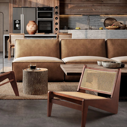 Chandigrah Accent Rattan Chair,Mid Century Modern Armless Reading Chair for Living Room, Bedroom,Ash Wood Walnut
