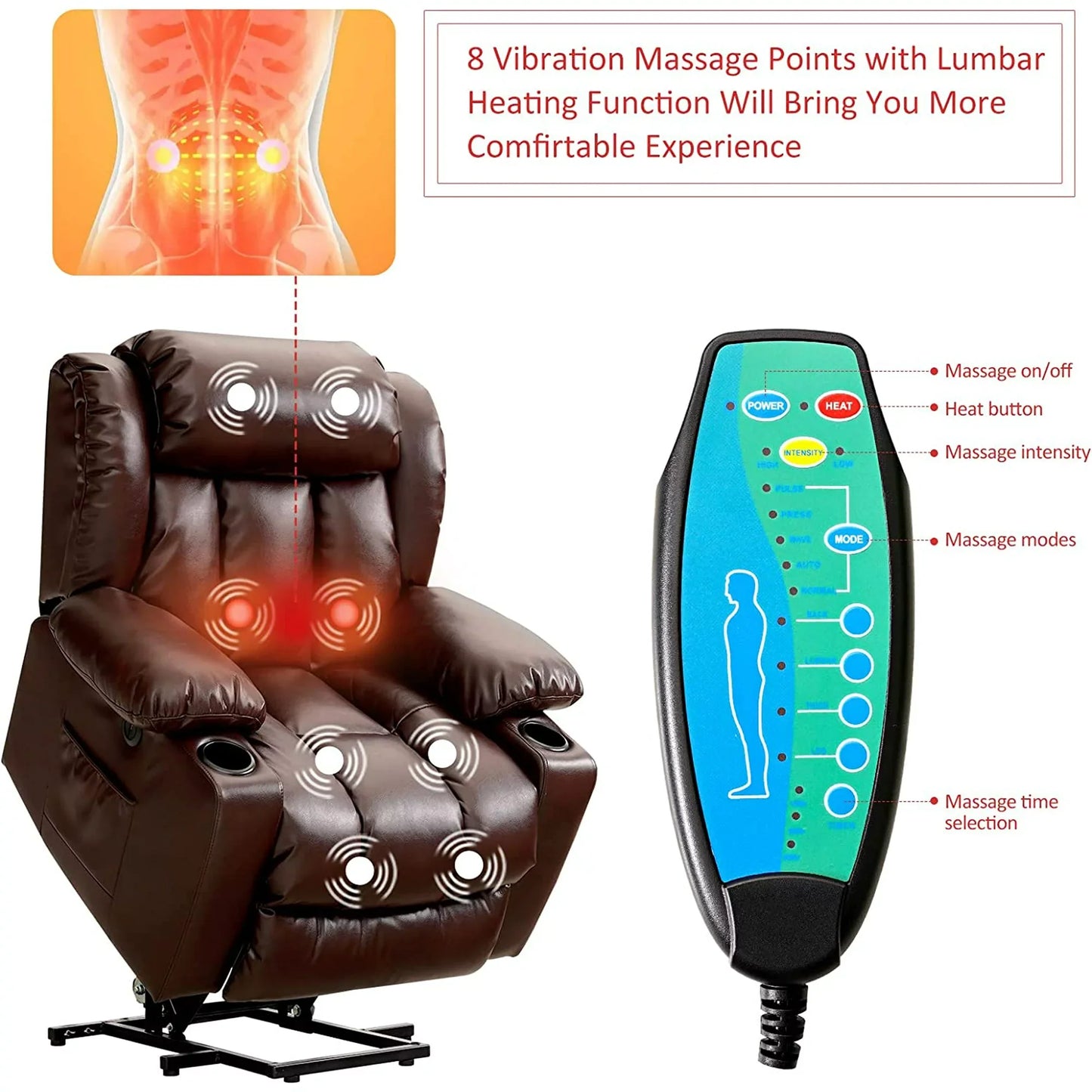 BALICHUN Large Power Lift Recliner Chair with Massage and Heat for Elderly, Overstuffed Wide Recliners, Breathable Leather with Breathable microporous, USB Ports, 2 Cup Holders (Brown)