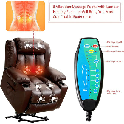 BALICHUN Large Power Lift Recliner Chair with Massage and Heat for Elderly, Overstuffed Wide Recliners, Breathable Leather with Breathable microporous, USB Ports, 2 Cup Holders (Brown)