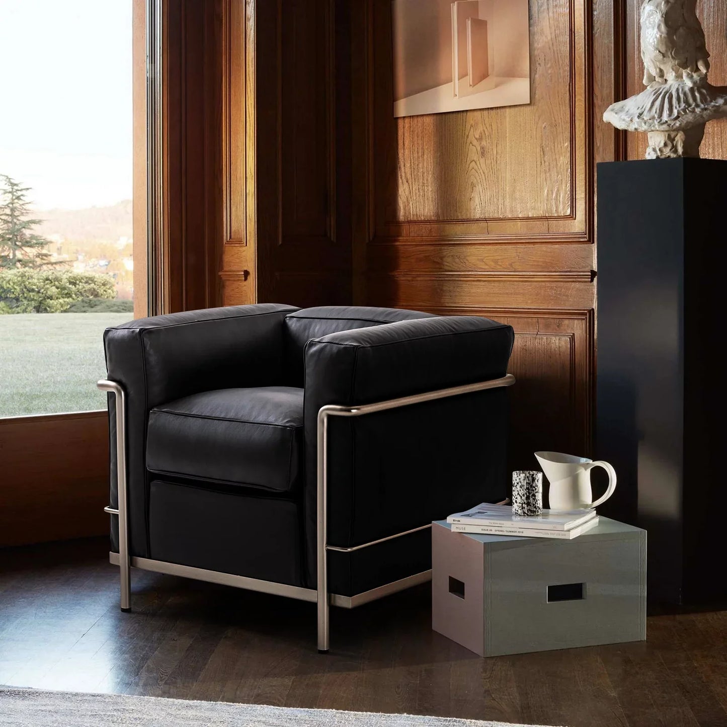 LC2 Modern Accent Leather Armrest Sofa for Living Room, Bedroom, Study Room, Hotel, Office, Black