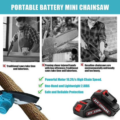 8 inch Mini Chainsaw, Portable Cordless Power Chain Saws with 2 Rechargeable Battery 3 Chains, Handheld Pruning Shears Chainsaw for Tree Branches Wood Cutting, Courtyard, Garden