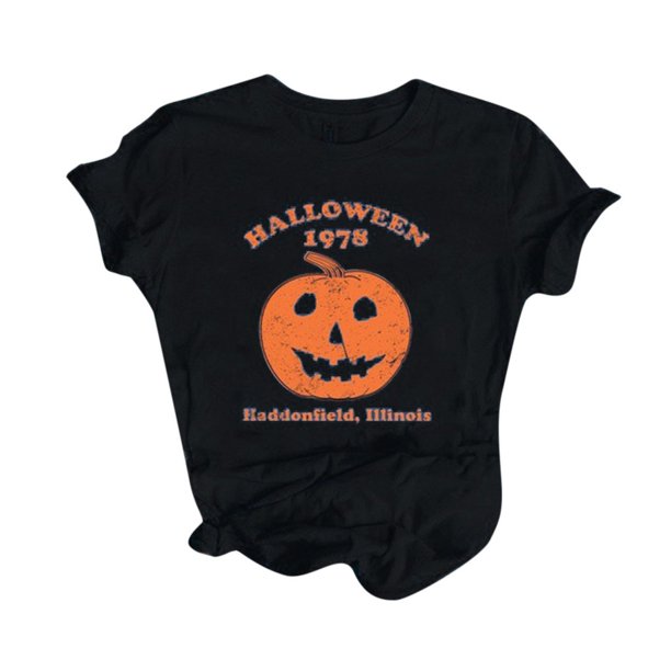 Apepal Women Fashion Casual Halloween O-neck Printed Short Sleeves Loose Shirt Top Black L
