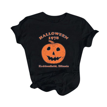 Apepal Women Fashion Casual Halloween O-neck Printed Short Sleeves Loose Shirt Top Black L