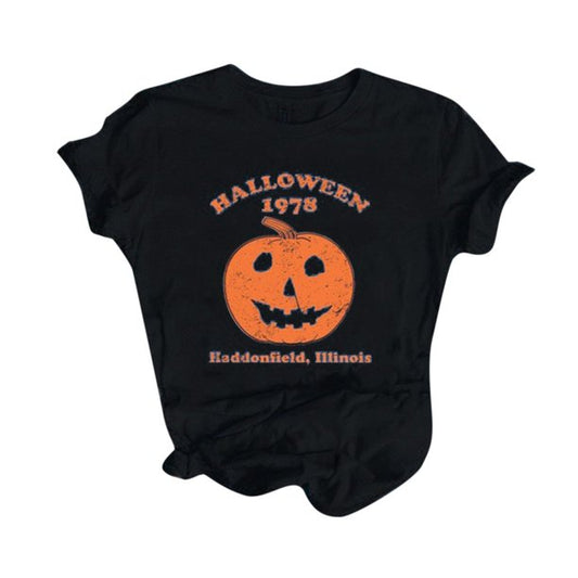 Apepal Women Fashion Casual Halloween O-neck Printed Short Sleeves Loose Shirt Top Black L