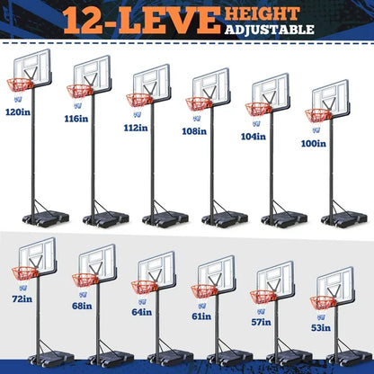 iFanze 44" Basketball Hoop, 4.4-10ft Height Adjustable Portable Basketball Goal System with Shatterproof PVC Backboard and 18" Rim, Kids Adults Basketball Court Indoor Outdoor
