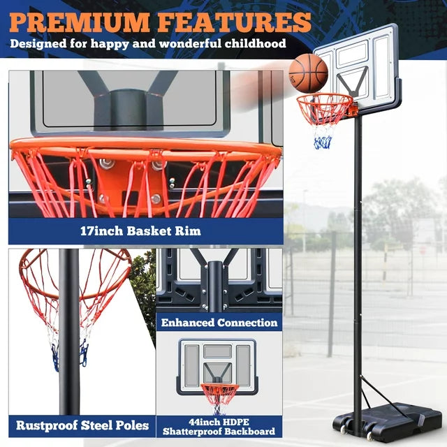iFanze 44" Basketball Hoop, 4.4-10ft Height Adjustable Portable Basketball Goal System with Shatterproof PVC Backboard and 18" Rim, Kids Adults Basketball Court Indoor Outdoor
