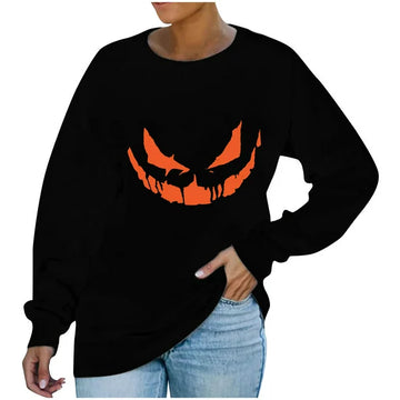 Apepal Women Fashion Casual Long Sleeve Round Neck Halloween Print Sweatshirt Tops Black XL