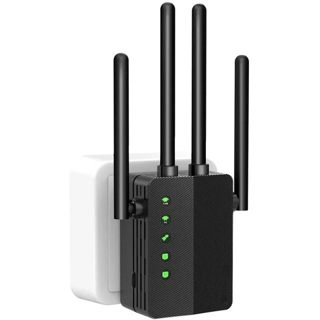 WiFi Range Extender, 1200Mbps Signal Booster Repeater Cover up to 2500 Sq.ft, 2.4 & 5GHz Dual Band WiFi Extender, 4 Antennas 360° Full Coverage Wireless Internet Amplifier for Smart Home Devices