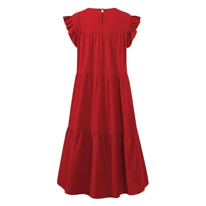 QWANG Women's Round Neck Casual Short Sleeve Ruffle-Trim Summer Mini Dresses