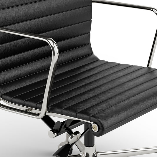 Ribbed Genuine Leather Office Chair, Mid Back, Adjustable Ergonomic Computer Chair for Home Office Use, Black