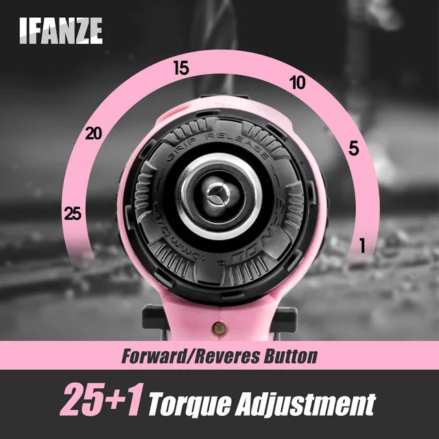 IFANZE 12V Cordless Drill, 3/8'' Keyless Chuck 2 Variable Speeds Electric Power Drill with Battery and Charger, Pink