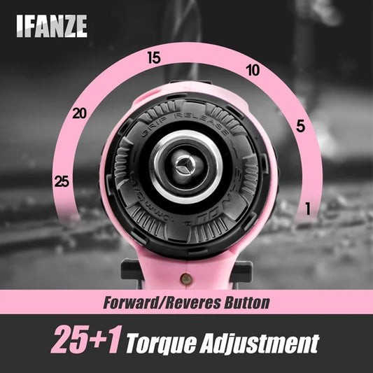 IFANZE 12V Cordless Drill, 3/8'' Keyless Chuck 2 Variable Speeds Electric Power Drill with Battery and Charger, Pink