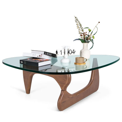 Furgle 50" Triangle Glass Coffee Table with Wood Base for Living Room Office, Light Walnut