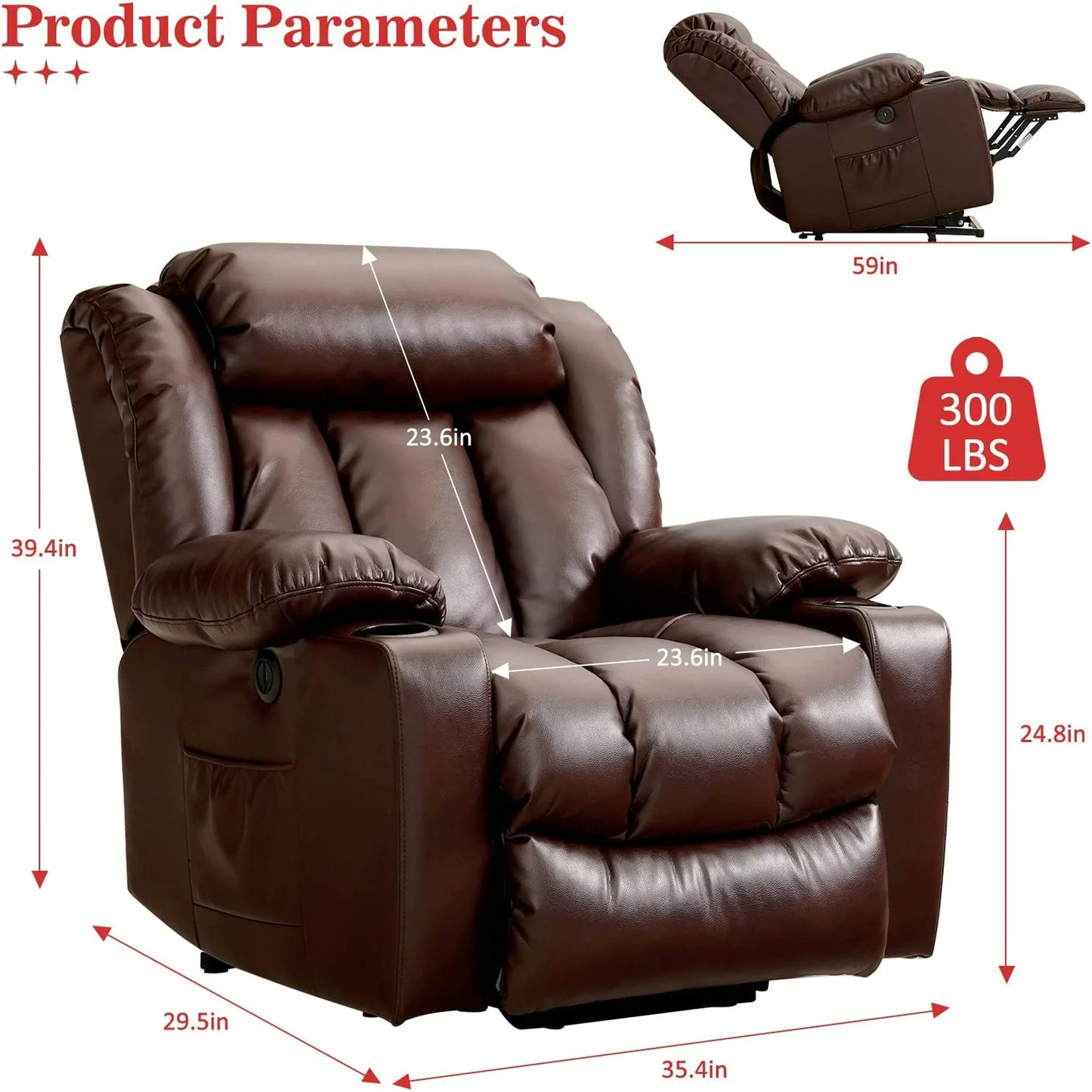BALICHUN Large Power Lift Recliner Chair with Massage and Heat for Elderly, Overstuffed Wide Recliners, Breathable Leather with Breathable microporous, USB Ports, 2 Cup Holders (Brown)