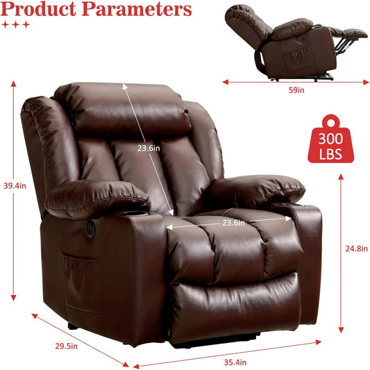 BALICHUN Large Power Lift Recliner Chair with Massage and Heat for Elderly, Overstuffed Wide Recliners, Breathable Leather with Breathable microporous, USB Ports, 2 Cup Holders (Brown)