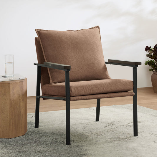 Balichun Accent Chair Mid-Century Modern Armchair with Wide Solid Wood armrests,Metal Frame and Foam Upholstery and Cotton Cushion,Linen Fabric (Coffee, Set of 1)