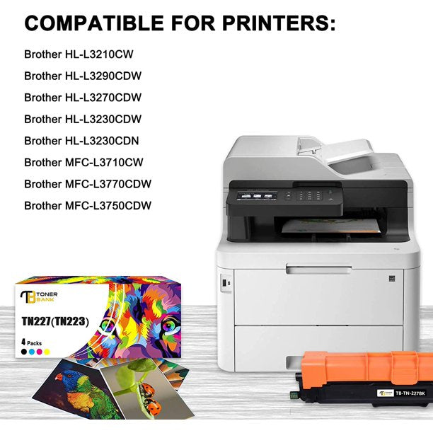 Toner Bank Compatible Toner Cartridge for Brother TN227 TN223 TN-227BK TN-227C TN-227M TN-227Y MFC-L3750CDW MFC-L3770CDW HL-L3210CW HL-L3290CDW Printer Ink (Black Cyan Yellow Magenta, 4-Pack)