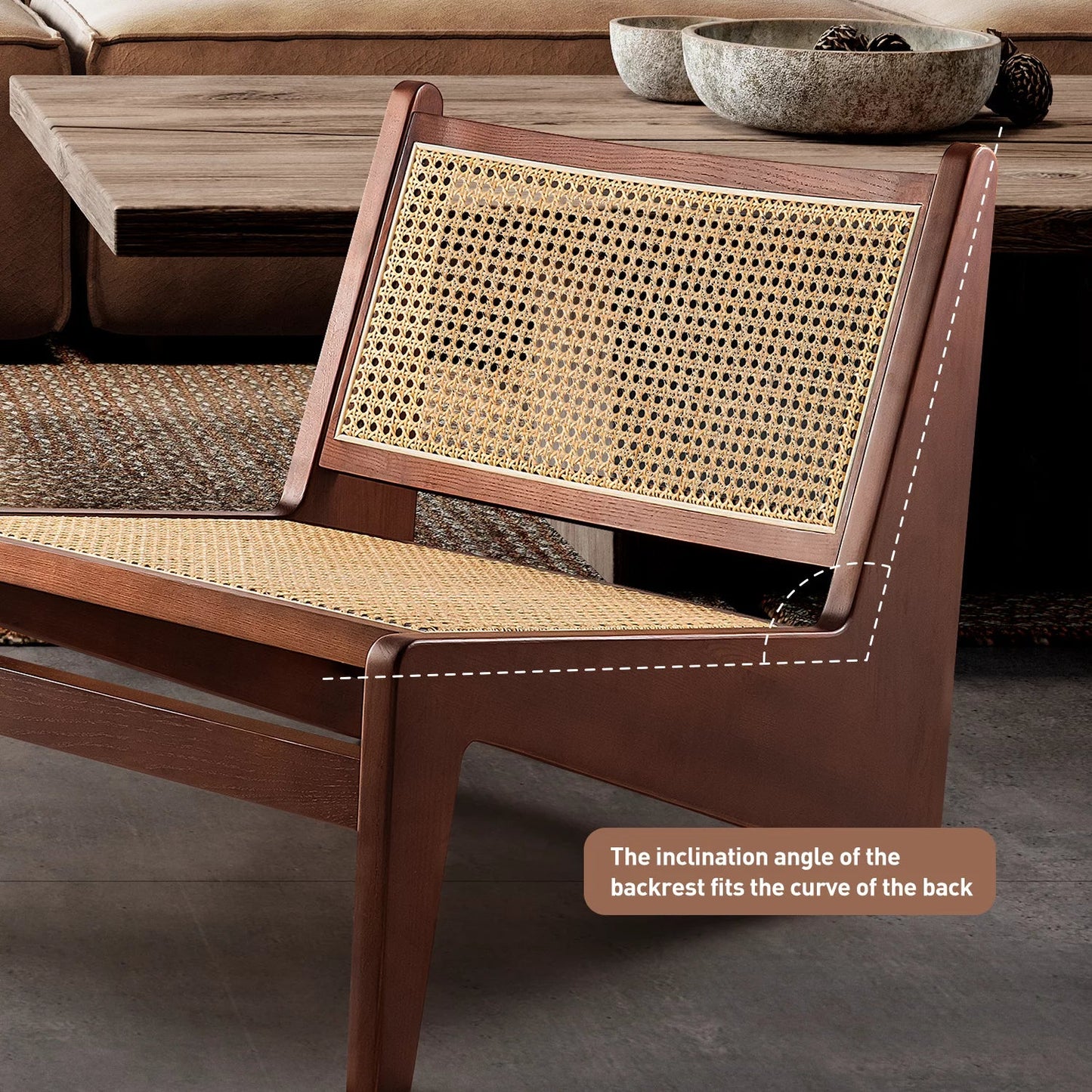 Chandigrah Accent Rattan Chair,Mid Century Modern Armless Reading Chair for Living Room, Bedroom,Ash Wood Walnut