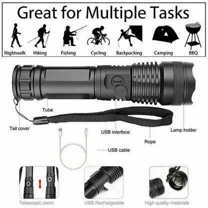 90000 Lumens Powerful Flashlight, USB Rechargeable Waterproof XHP70 Searchlight Super Bright 5 Modes LED Flashlight Zoom Bar Torch for Hiking Hunting Camping Outdoor Sport (Battery Included)