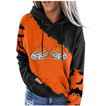 Apepal Women Long Sleeve Drawstring Hooded Sweatshirt Halloween Colourblock Printed Pullover Yellow M