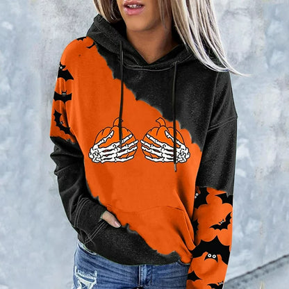 Apepal Women Long Sleeve Drawstring Hooded Sweatshirt Halloween Colourblock Printed Pullover Yellow M