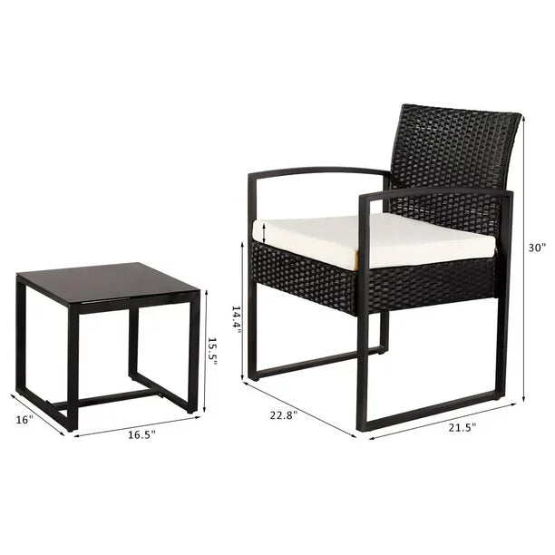 SalonMore 3PCS Outdoor Rattan Wicker Set Patio Outdoor Table & 2 Chairs Furniture Black