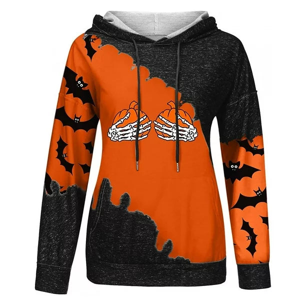 Apepal Women Long Sleeve Drawstring Hooded Sweatshirt Halloween Colourblock Printed Pullover Yellow M