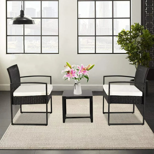 SalonMore 3PCS Outdoor Rattan Wicker Set Patio Outdoor Table & 2 Chairs Furniture Black