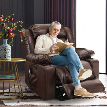BALICHUN Large Power Lift Recliner Chair with Massage and Heat for Elderly, Overstuffed Wide Recliners, Breathable Leather with Breathable microporous, USB Ports, 2 Cup Holders (Brown)