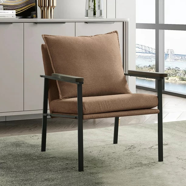 Balichun Accent Chair Mid-Century Modern Armchair with Wide Solid Wood armrests,Metal Frame and Foam Upholstery and Cotton Cushion,Linen Fabric (Coffee, Set of 1)