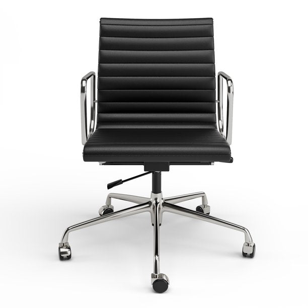 Ribbed Genuine Leather Office Chair, Mid Back, Adjustable Ergonomic Computer Chair for Home Office Use, Black