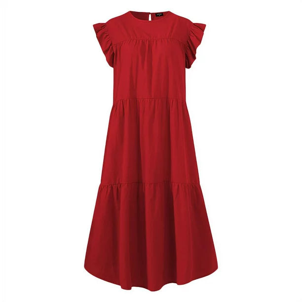 QWANG Women's Round Neck Casual Short Sleeve Ruffle-Trim Summer Mini Dresses