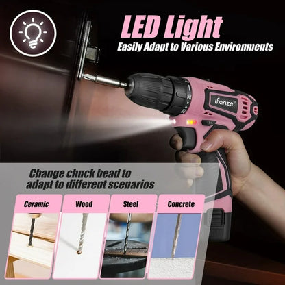 IFANZE 12V Cordless Drill, 3/8'' Keyless Chuck 2 Variable Speeds Electric Power Drill with Battery and Charger, Pink